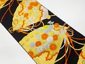 リサイクル　檜扇に梅・菊模様織出し袋帯